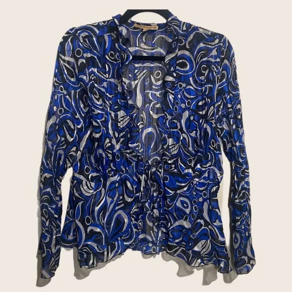 Notations Sheer Blouse L Abstract Fairy Whimsical Ruffled Open Front Flowy y2k‎